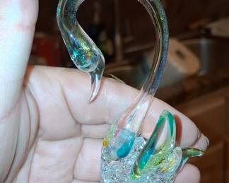 Murano Style Glass Swan Figurine with Green, Yellow, and Blue Accents