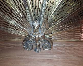 Vintage Brass Peacock Fan Fireplace Screen with Griffin/Sphinx Motif