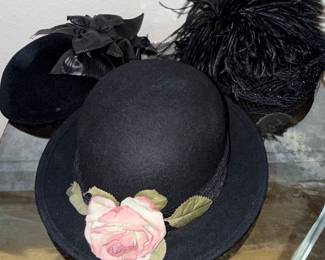 Collection of Three Vintage Black Hats: Cloche, Pillbox, and Fascinator