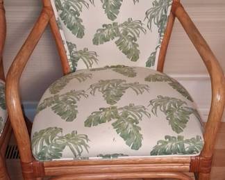 Set of 4 Vintage Rattan Dining Chairs with Tropical Leaf Upholstery