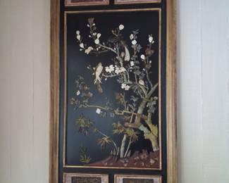Chinese Lacquer Panel with Mother-of-Pearl and Jade Inlay - Bird and Blossoming Tree size 2'4" x4'2"