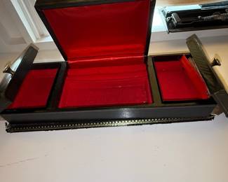 Vintage Black Lacquer Jewelry Box with Gilt Embellishments and Red Velvet Lining