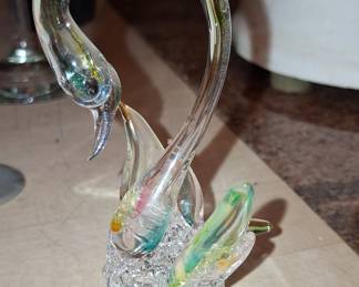 Murano Style Glass Swan Figurine with Green, Yellow, and Blue Accents