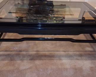 Vintage Black Lacquered Chinoiserie Coffee Table with Glass Top size 3'5" x 4'8"