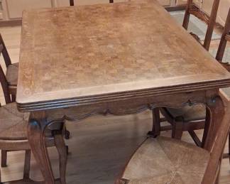 French Provincial Oak Parquet Dining Set with 6 Chairs