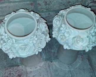 Pair of White Ceramic Vases with Applied Roses