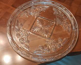 Vintage Pressed Glass Cake Stand with Floral Etching and Square Pedestal