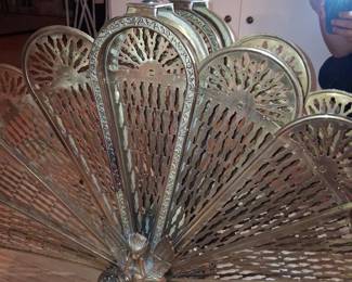 Vintage Brass Peacock Fan Fireplace Screen with Griffin/Sphinx Motif