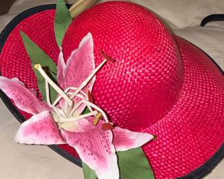 Red Wide Brim Straw Hat with Pink Lily