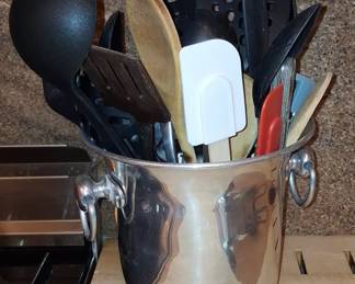Silver-Plated Metal Utensil Holder with Assorted Kitchen Utensils