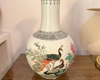 Vintage Chinese Famille Rose Porcelain Vase with Peacock and Peony Motif