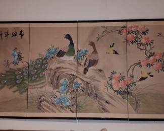 Four-Panel Korean Painting of Peacocks and Flowers