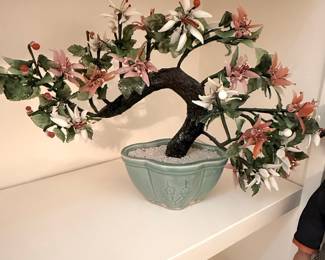 Vintage Glass and Jade Bonsai Tree Sculpture with Celadon Pot