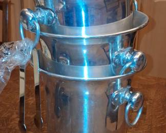 Vintage French Silver-Plated Ice Bucket with Ring Handles and Tongs