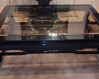 Vintage Black Lacquered Chinoiserie Coffee Table with Glass Top size 3'5" x 4'8"