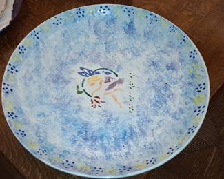 Hand-Painted Ceramic Decorative Plate with Cherubic Figure and Marbled Background