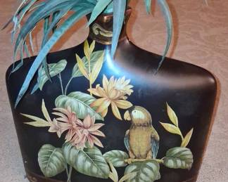 Hand-Painted Black Ceramic Vase with Parrot and Floral Motif