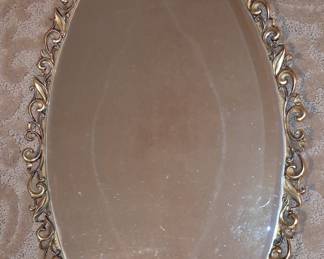 Ornate Gilt Oval Vanity Mirror Tray with Red Velvet Backing