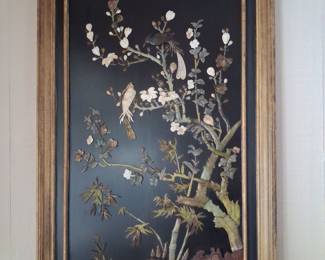 Chinese Lacquer Panel with Mother-of-Pearl and Jade Inlay - Bird and Blossoming Tree size 2'4" x4'2"
