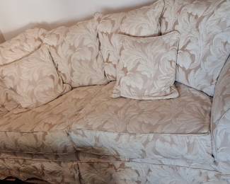 Ethan Allen Off White Damask Upholstered Rolled Arm Sofa