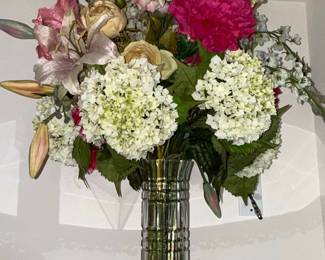 Artificial Floral Arrangement in Ribbed Smoky Glass Vase