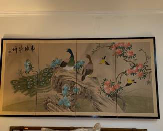 Vintage Japanese Four-Panel Screen with Peacocks and Azaleas, Signed