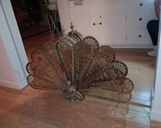 Vintage Brass Peacock Fan Fireplace Screen with Griffin/Sphinx Motif