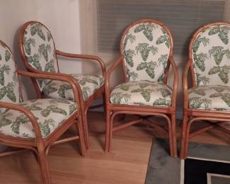 Set of 4 Vintage Rattan Dining Chairs with Tropical Leaf Upholstery