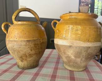 French Confit Pots with Yellow Glaze From the 19th Century 12 1/2 inches high by 12 inches wide Pot with top handle 15 inches highx12”w