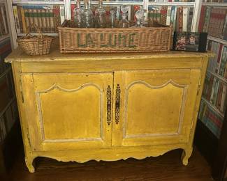 Yellow antique cabinet with shelf and 2 doors. 55'x25.5'deepx37"H