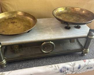 19th century antique French scale made of glass, brass and marble. Bought in region of France, called Vauclause(Part of Provence) “Maria Navarro” is written in glass Used to measure goods in the shop 23 inches wide by 11inches
