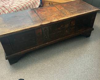 Trunk from Austria- used to store wedding apparel 23 inches deep by 67 wide by 24.5”H