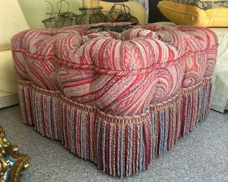 Ottoman made from antique shawl and Scalamandre trim 26 in.² by 17 inches high