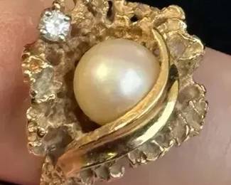 EXQUISITE! 14K Gold Ring With Pearl Solitaire & Diamond * Size 6 1/4 * 7.12g Total Weight