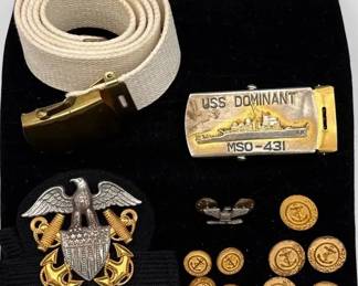 US Military VTG Naval Belt Buckle, Belt, Eagle Pin & Uniform Buttons * Naval Officer Cap Badge