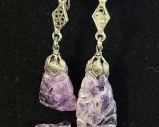 Sterling Silver Carved Amethyst Screw-On Earrings * Could Be Vintage GUMP? *