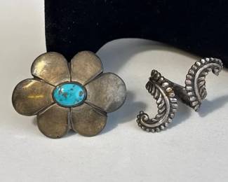 Mexico Sterling Silver 925 Ring * Turquoise Flower Brooch Pin Believed To Be Silver