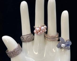 Selection Of 5 Lovely Rings * 2 Well Done Handmade Sz 5 * 2 Marked Sterling Sz 7 * 1 SP Adjustable