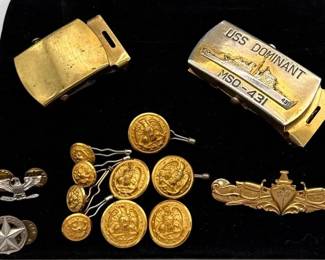 US Military VTG Navy Uniform Buttons & Eagle Pin * Naval Commander At Sea & Surface Warfare Badges