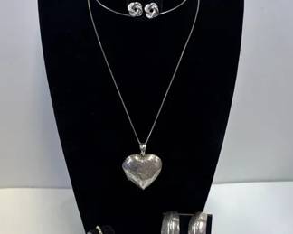 Sterling Silver 24” Chain, 925 Heart Locket & 6.5” Bracelet * Monet Knots & Other Costume Earrings