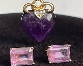 14K Yellow Gold Heart Shape Amethyst with Diamond Pendant * 14K Gold Amethyst Post Pierced Earrings
