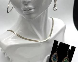 Italy Sterling Silver 17.5” Chain & 925 Abalone Earrings * Beautiful Unmarked Hoops