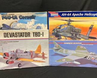 4 Vintage Model Airplane Kits 1/48 Scale *Lindberg Classics *Monogram *Apache Helicopter