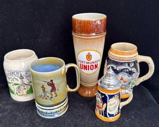 Assorted German Beer 5-9” Steins * Music Box Stein From Ireland ‘My Wild Irish Rose’