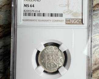 1719 Netherlands (Holland) 2 Stuivers Silver Coin, NGC MS64