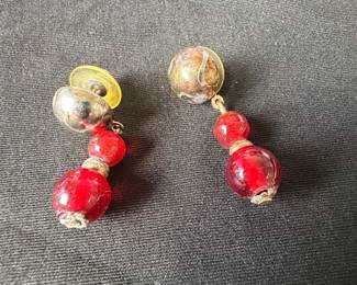 Vintage Red Glass Bead Drop Earrings with Metallic Studs