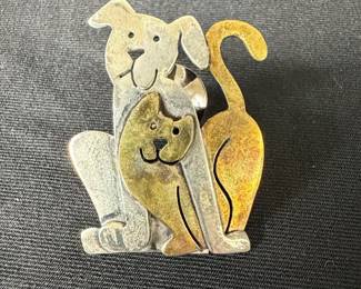 Far Fetched Mixed Metal Cat and Dog Brooch