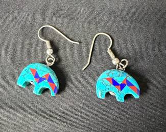 Zuni Style Turquoise, Lapis Lazuli, and Coral Inlay Bear Dangle Earrings
