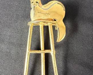 Vintage JJ Jonette GoldTone Cat on Chair Brooch