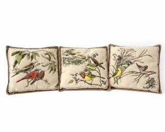 Set of Three Vintage Botanical Bird Needlepoint Pillows